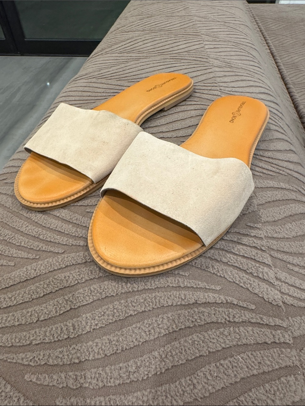 Suede Slide Sandals in Beige - Women's Casual Slides